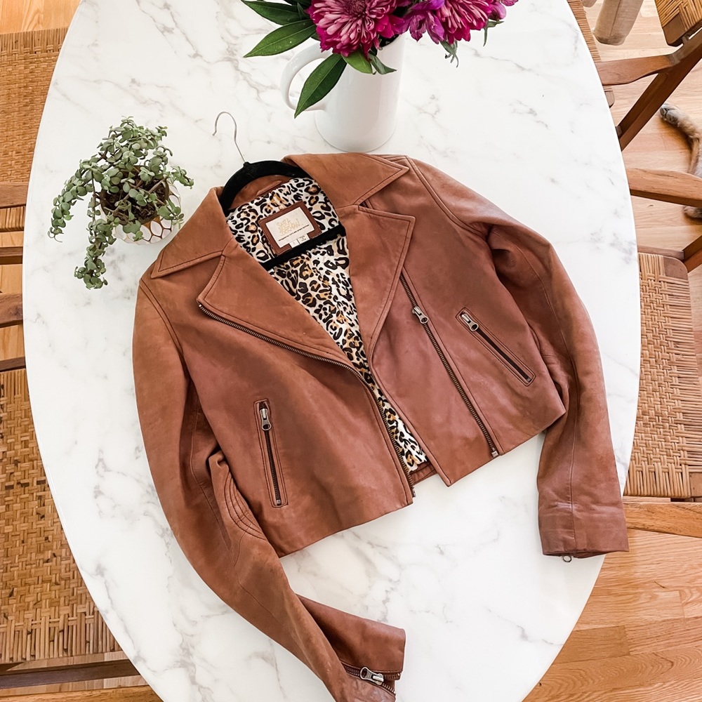Sara Berman Brown Leather Moto Jacket Lined S